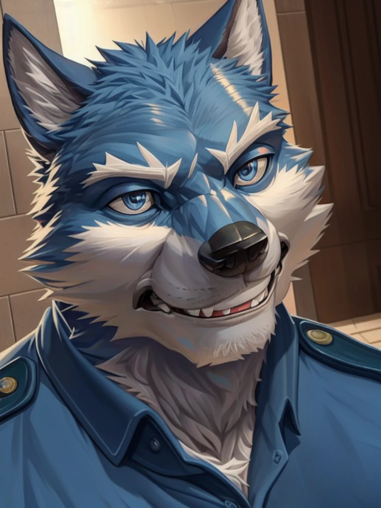 ((solo, one man, 1man)), muscular man wear working as police, police uniform, furry, an anthro (wolf), an anthto, a old man big muscular, happy expression, extremely detailed muscle, detailed face, face, detailed eyes, eyes, detailed muscle, realistic rendering, CG realistic, 3d realistic, photography, background