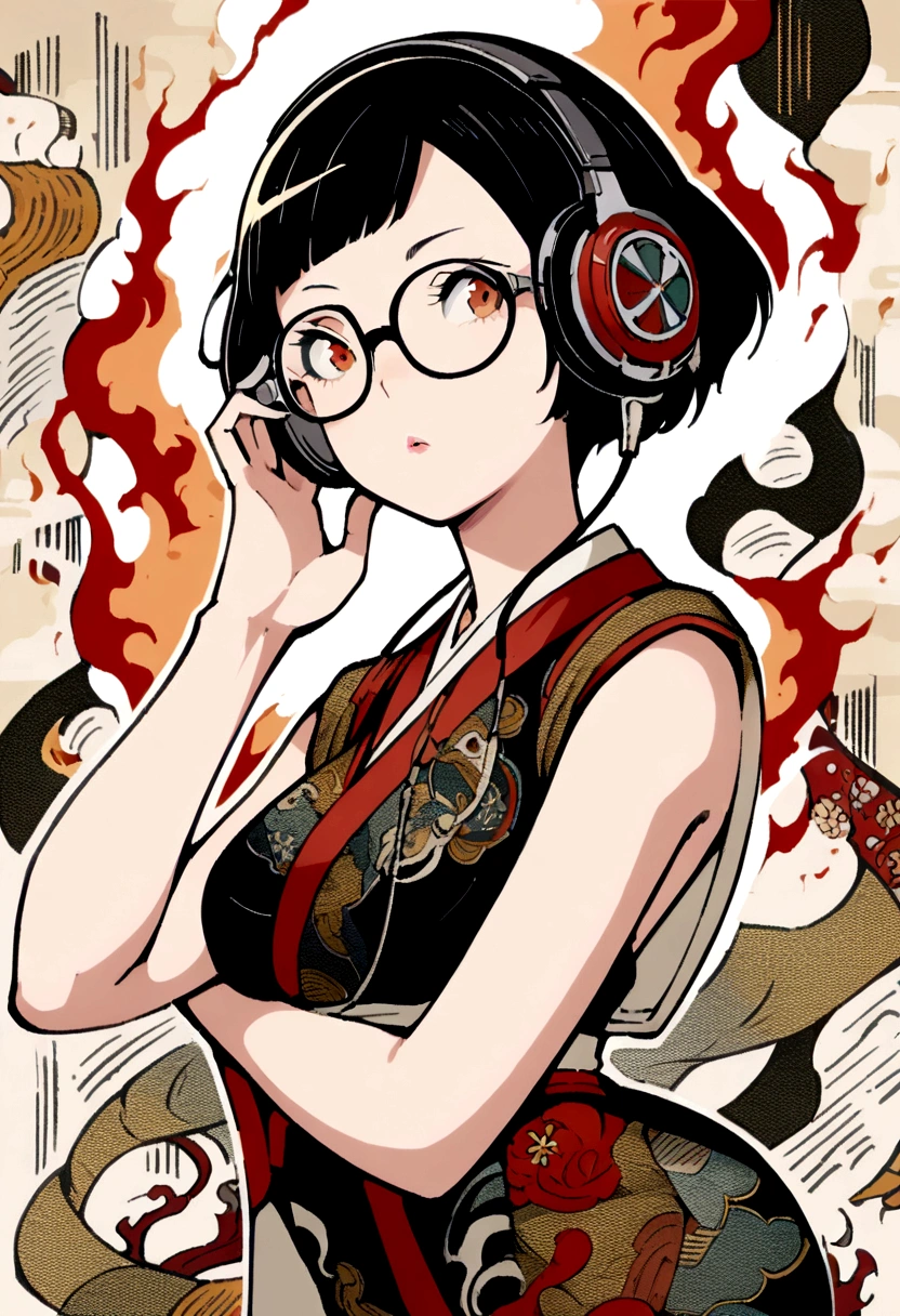 (extremely detailed fine touch:1.3), ukiyoe art, 1girl solo short hair are on fire, (((under-rimmed glasses:1.3))), (headphones:1.3), medium breasts, bare arms,