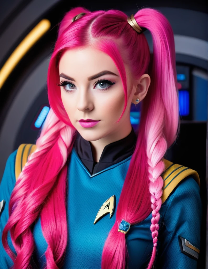 very attractive 25 year old girl with long bright pink hair, hair styled in a braided ponytail, wearing star trek uniform, pointed vulcan ears, photo quality
