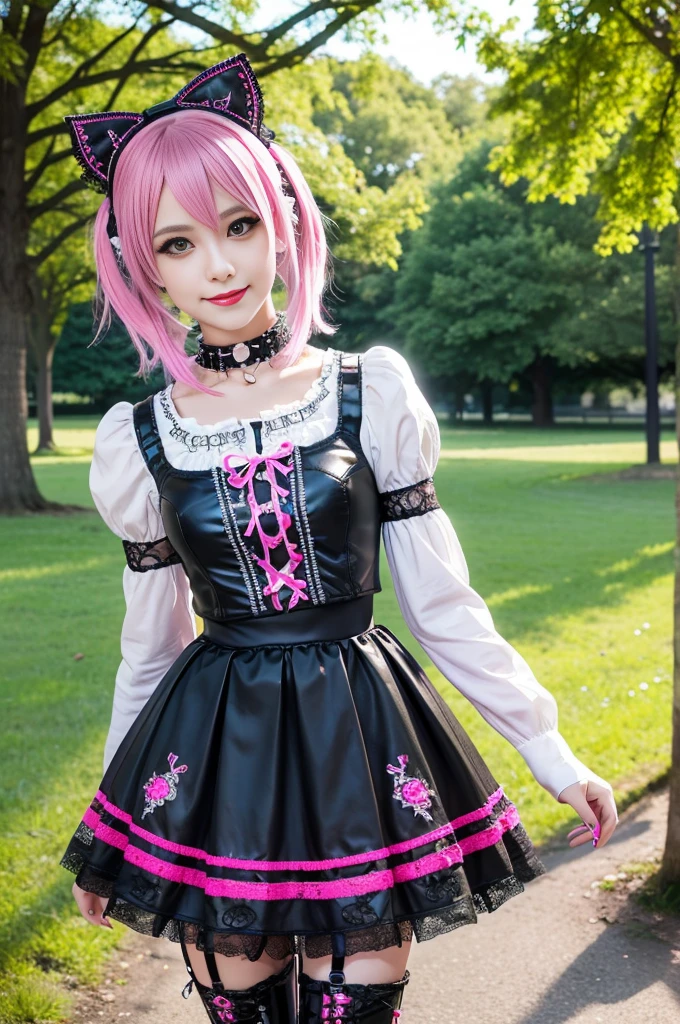 sexy stylish Swedish model, only 1 female, ((doll-like appearance)), short neon pink stylish hair, ((shiny Punk-Style boots)), (beautiful smile), ultra detailed eyes, Punk makeup, lip-gloss, ((sexy Punk ta cosplay)), unconventional skirt, petticoats, high neckline, ((ultra detailed lace)), ((ultra detailed embroidery)), intricate details, tartan patterns, Punk Loliccessoires, Punk Lolita cr, ((large sparkling Punk Lolita jewel, cinematic light, detailed sunny large park background with trees