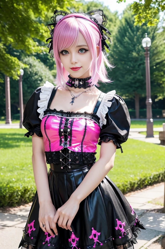 sexy stylish Swedish model, only 1 female, ((doll-like appearance)), short neon pink stylish hair, ((shiny Punk-Style boots)), (beautiful smile), ultra detailed eyes, Punk makeup, lip-gloss, ((sexy Punk Lolita cosplay)), unconventional skirt, petticoats, high neckline, ((ultra detailed lace)), ((ultra detailed embroidery)), intricate details, tartan patterns, Punk Lolita accessoires, Punk Lolita choker, ((large sparkling Punk Lolita jewelry)), cinematic light, detailed sunny large park background with trees
