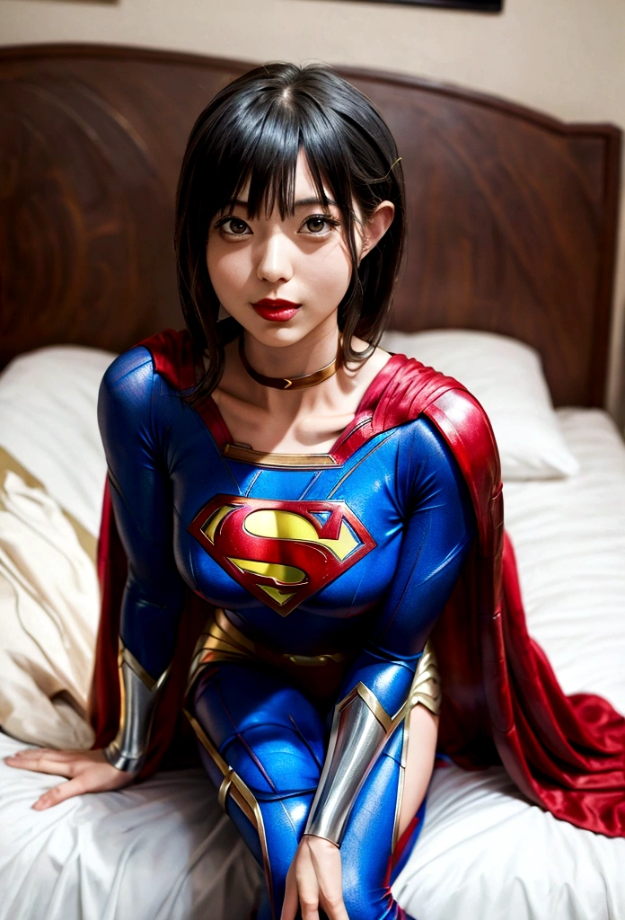 araffe woman in a superman costume sitting on a bed with a dog, full-cosplay, professional cosplay, supergirl, artgerm moody photography, super model, aly fell and artgerm, superman, with cape, wearing hero costume, alena aenami and artgerm, cosplay photo, captured on canon eos r 6 