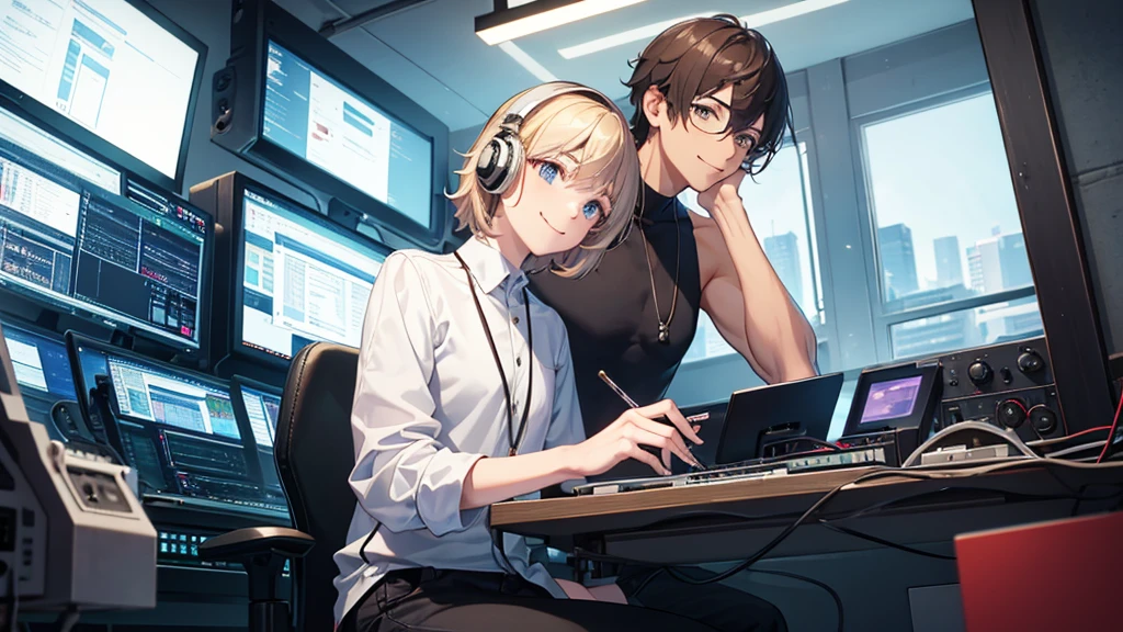 male，Two people，Radio program，Read the manuscript，Radio Booth，studio，smile，