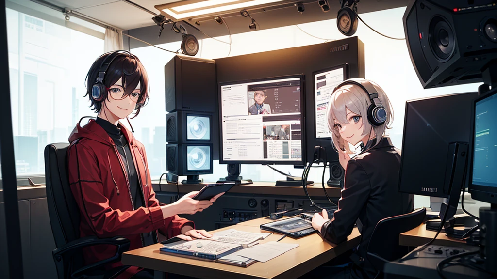 male,Two people,Radio program,Read the manuscript,Radio Booth,studio,smile,