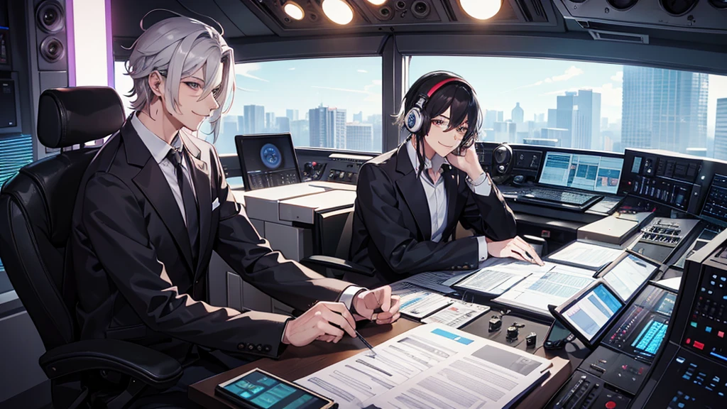 male,Two people,Radio program,Read the manuscript,Radio Booth,studio,smile,