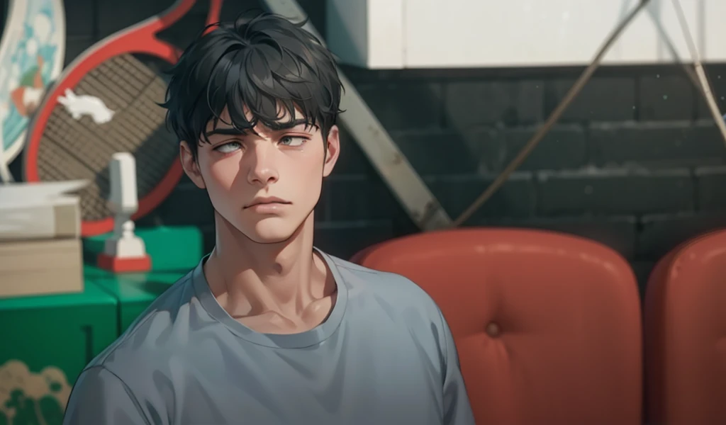 he is talking thoughtfully sad, in the background you can see a town house