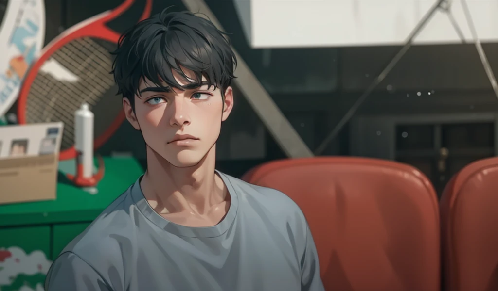 he is talking thoughtfully sad, in the background you can see a town house