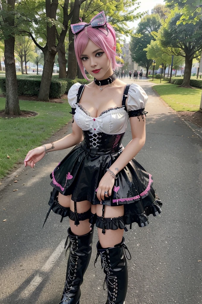 sexy stylish Swedish model, only 1 female, ((doll-like appearance)), short neon pink stylish hair, ((shiny Punk-Style boots)), (beautiful smile), ultra detailed eyes, Punk makeup, lip-gloss, ((sexy Punk Lolita cosplay)), unconventional skirt, petticoats, high neckline, ((ultra detailed lace)), ((ultra detailed embroidery)), intricate details, tartan patterns, Punk Lolita accessoires, Punk Lolita choker, ((large sparkling Punk Lolita jewelry)), cinematic light, detailed sunny large park background with trees