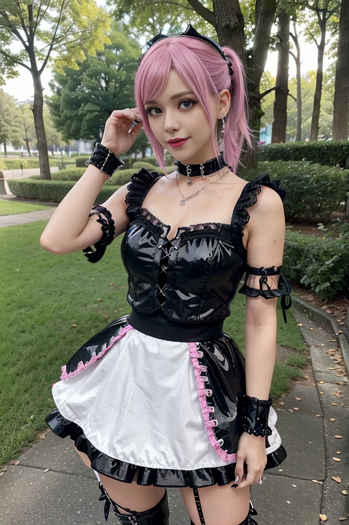 sexy stylish Swedish model, only 1 female, ((doll-like appearance)), short neon pink stylish hair, ((shiny Punk-Style boots)), (beautiful smile), ultra detailed eyes, Punk makeup, lip-gloss, ((sexy Punk Lolita cosplay)), unconventional skirt, petticoats, high neckline, ((ultra detailed lace)), ((ultra detailed embroidery)), intricate details, tartan patterns, Punk Lolita accessoires, Punk Lolita choker, ((large sparkling Punk Lolita jewelry)), cinematic light, detailed sunny large park background with trees