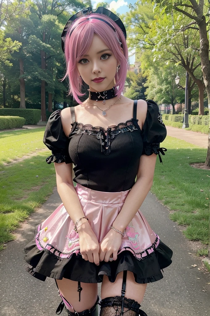 sexy stylish Swedish model, only 1 female, ((doll-like appearance)), short neon pink stylish hair, ((shiny Punk-Style boots)), (beautiful smile), ultra detailed eyes, Punk makeup, lip-gloss, ((sexy Punk ****ta cosplay)), unconventional skirt, petticoats, high neckline, ((ultra detailed lace)), ((ultra detailed embroidery)), intricate details, tartan patterns, Punk ****ta accessoires, Punk ****ta choker, ((large sparkling Punk ****ta jewelry)), cinematic light, detailed sunny large park background with trees