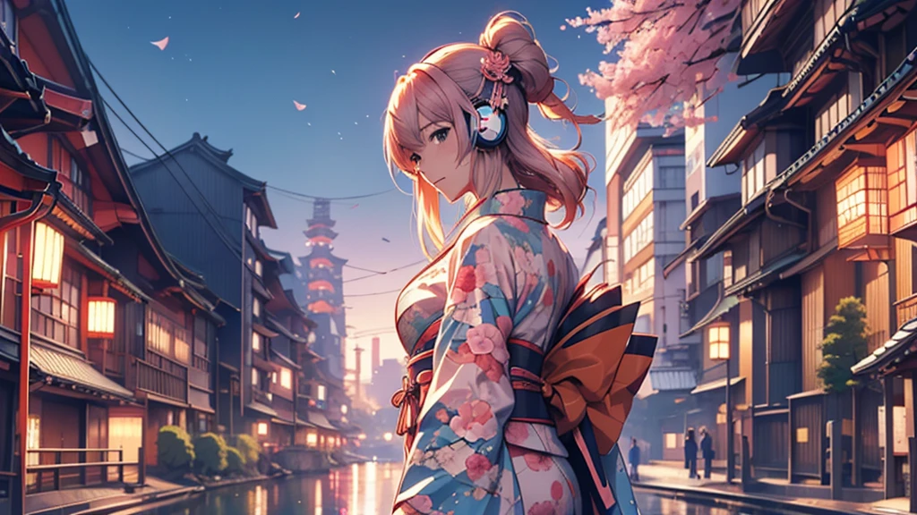 Woman wearing headphones, Anime Style 4 k, anime wallpaper 4k, anime wallpaper 4k, 4k anime wallpaper, anime art wallpaper 4k, anime art wallpaper 4k, Anime Style. 8K, Anime atmosphere, , Ultra HD Anime Wallpaper, Anime Art Wallpaper 8K, Anime Background,landscape、Japan、japan,kimono、Tokyo Tower、Riverside