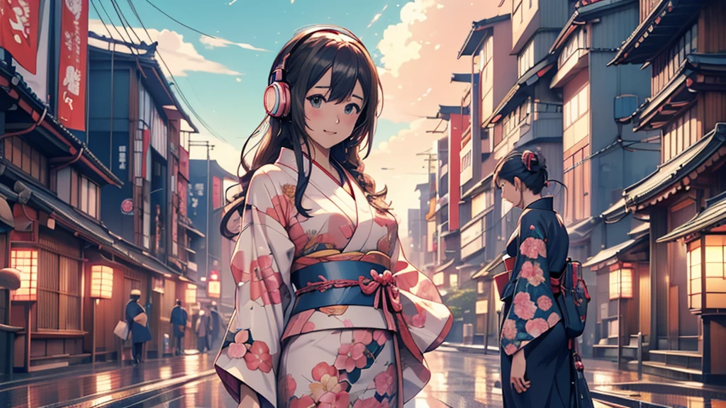 Woman wearing headphones, Anime Style 4 k, anime wallpaper 4k, anime wallpaper 4k, 4k anime wallpaper, anime art wallpaper 4k, anime art wallpaper 4k, Anime Style. 8K, Anime atmosphere, , Ultra HD Anime Wallpaper, Anime Art Wallpaper 8K, Anime Background,landscape、Japan、japan,kimono、Tokyo Tower、Riverside
