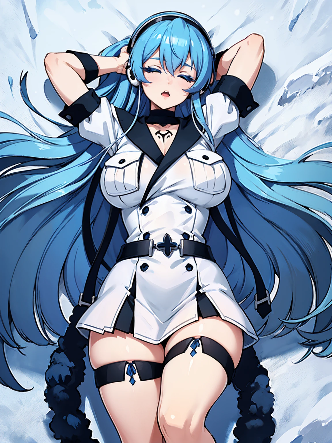 (artwork, best quality) a girl with long blue hair, closed eyes, blue eyelashes, white sailor suit, big breasts, perfect body, beautiful eyes, good waist, tattoo, screaming with joy, arms and legs open, listening to music with a headset, lying in the snow