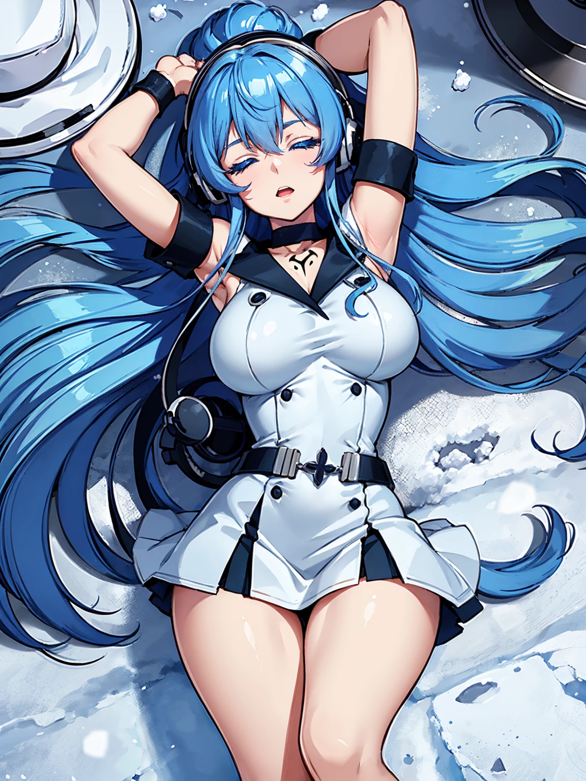 (artwork, best quality) a girl with long blue hair, closed eyes, blue eyelashes, white sailor suit, big breasts, perfect body, beautiful eyes, good waist, tattoo, screaming with joy, arms and legs open, listening to music with a headset, lying in the snow