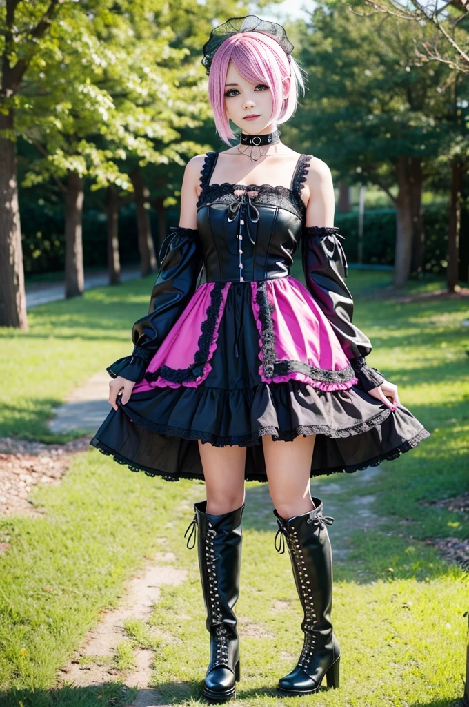 sexy stylish Swedish model, only 1 female, ((doll-like appearance)), short neon pink stylish hair, ((shiny Punk-Style boots)), (beautiful smile), ultra detailed eyes, Punk makeup, lip-gloss, ((sexy Punk ta cosplay)), unconventional skirt, petticoats, high neckline, ((ultra detailed lace)), ((ultra detailed embroidery)), intricate details, tartan patterns, Punk Loliccessoires, Punk Lolita cr, ((large sparkling Punk Lolita jewel, cinematic light, detailed sunny large park background with trees