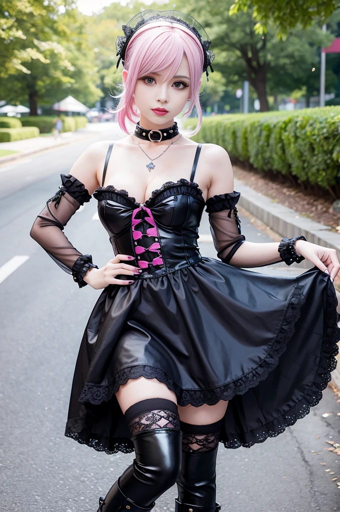sexy stylish Swedish model, only 1 female, ((doll-like appearance)), short neon pink stylish hair, ((shiny Punk-Style boots)), (beautiful smile), ultra detailed eyes, Punk makeup, lip-gloss, ((sexy Punk ta cosplay)), unconventional skirt, petticoats, high neckline, ((ultra detailed lace)), ((ultra detailed embroidery)), intricate details, tartan patterns, Punk Loliccessoires, Punk Lolita cr, ((large sparkling Punk Lolita jewel, cinematic light, detailed sunny large park background with trees