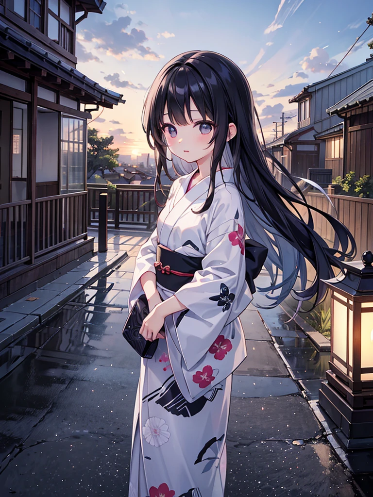 Anime illustration、masterpiece、Highest quality、Summer season、The city after the rain、Cute Girls、Long black hair、Wearing a yukata with a morning glory pattern、Wind chimes are hanging