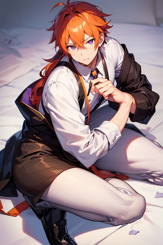 White background、Japan anime illustrations、成人male、アニメのmale、Orange Hair、all back、Black headband、Monocle、Purple Eyes、White shirt、Black vest、Black trousers、Brown leather shoeale、日本のmale、