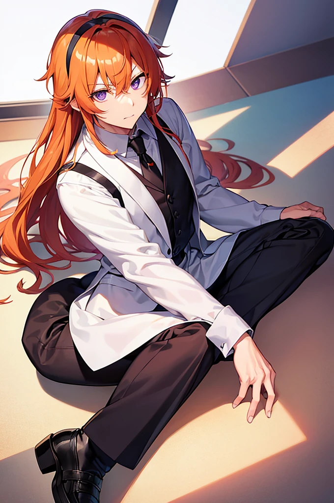 White background、Japan anime illustrations、成人male、アニメのmale、Orange Hair、all back、Black headband、Monocle、Purple Eyes、White shirt、Black vest、Black slacks、Brown leather shoeale、日本のmale、勝気な表情のmale、おでこがでているmale、Rolling up his sleeves