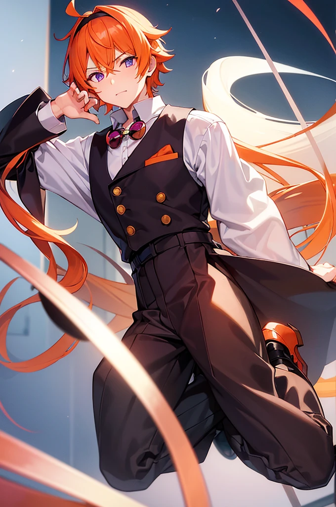 White background、Japan anime illustrations、成人male、アニメのmale、Orange Hair、all back、Black headband、Monocle、Purple Eyes、White shirt、Black vest、Black slacks、Brown leather shoeale、日本のmale、勝気な表情のmale、おでこがでているmale、Rolling up his sleeves