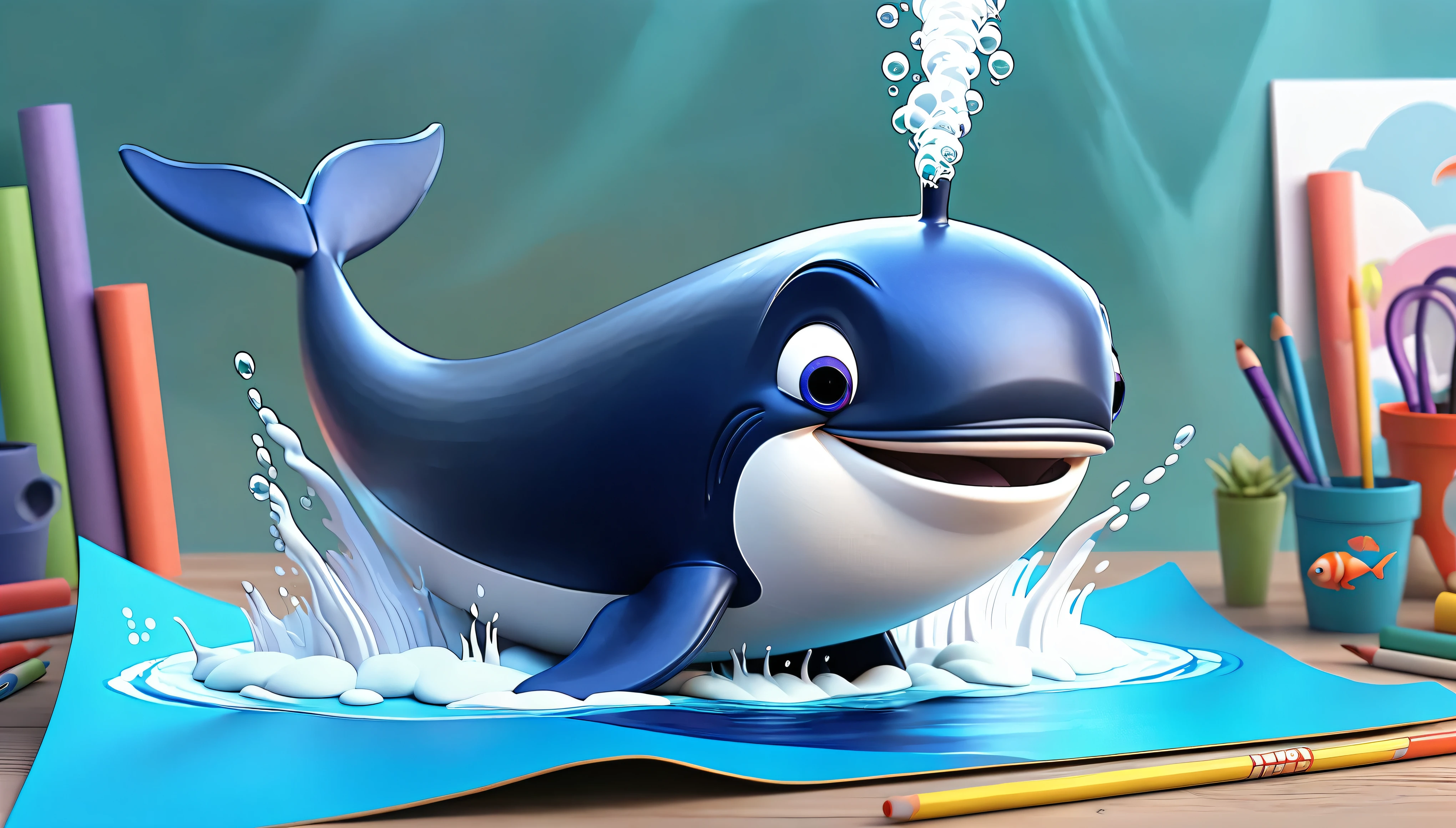Create a 3-D Pixar style art scene for kids featuring a close-up of a whale's blowhole with water spouting out. The scene should be colorful and vibrant, with an ocean background, coral reefs, and schools of fish. The overall mood should be engaging and inviting for young children