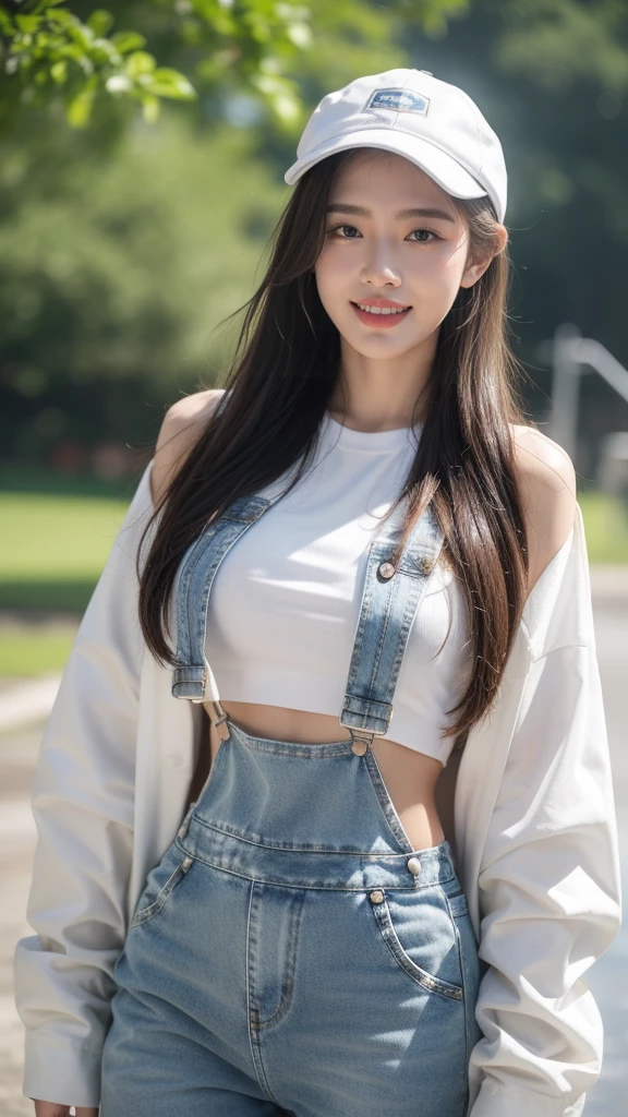 8k, Masterpiece, best quality, realistic, beautiful girl, white crop top, Jeans overalls, white cap, long brown hair, Wet hair, Wet, plastic coat, smile, laugh, half body