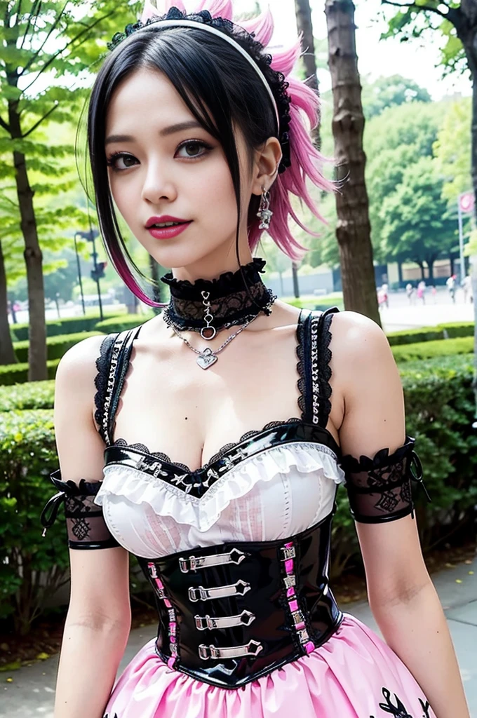 sexy stylish Swedish model, only 1 female, ((doll-like appearance)), short neon pink stylish hair, ((shiny Punk-Style boots)), (beautiful smile), ultra detailed eyes, Punk makeup, lip-gloss, ((sexy Punk ta cosplay)), unconventional skirt, petticoats, high neckline, ((ultra detailed lace)), ((ultra detailed embroidery)), intricate details, tartan patterns, Punk Loliccessoires, Punk Lolita cr, ((large sparkling Punk Lolita jewel, cinematic light, detailed sunny large park background with trees