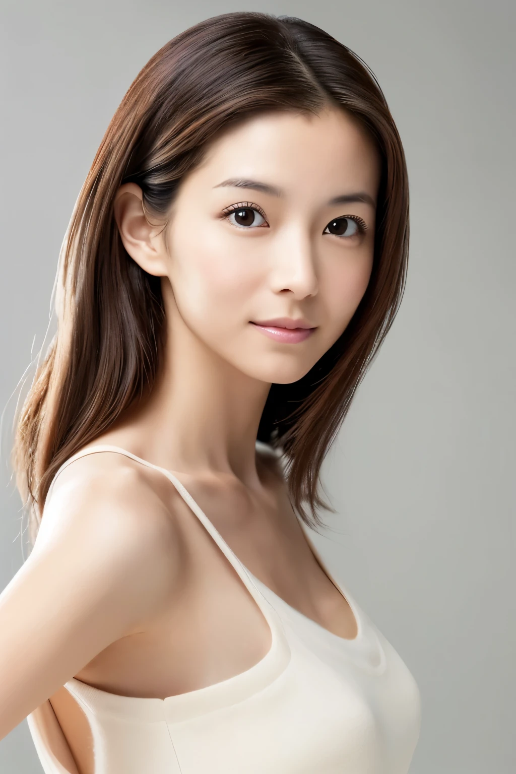 top-quality, 8K-Picture, Skinny Japanese lady in Perfect Style, small breasts, very thin waist, Slim abs, (:1.4), cute eyes, Double eyelids, long wavy hair, Very delicately drawn face, tight knit dress, (photogravure idols:1.4), Subtle smile or shyness, 