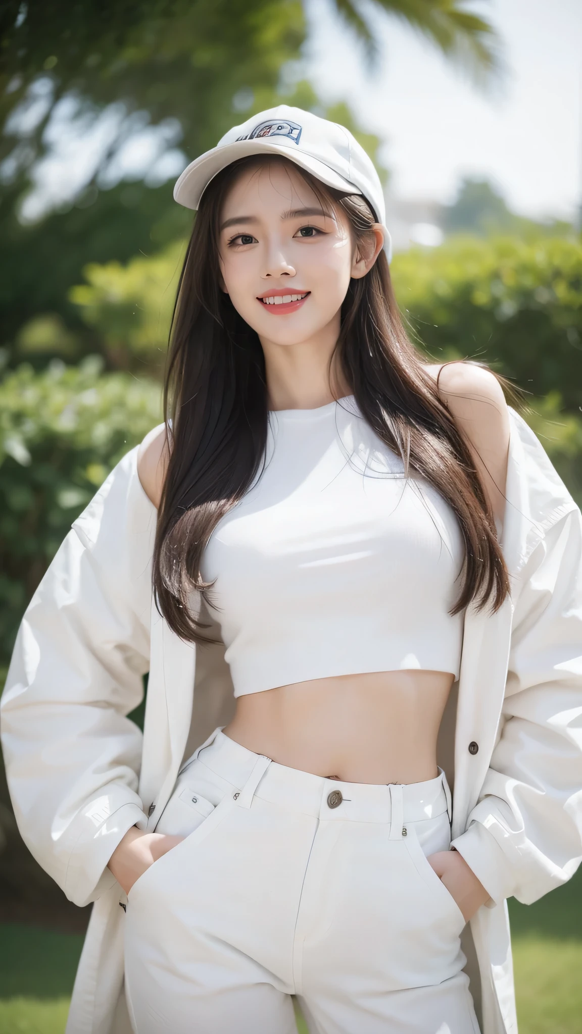8k, Masterpiece, best quality, realistic, beautiful girl, white crop top, Jeans overalls, white cap, long brown hair, Wet hair, Wet, plastic coat, smile, laugh, half body