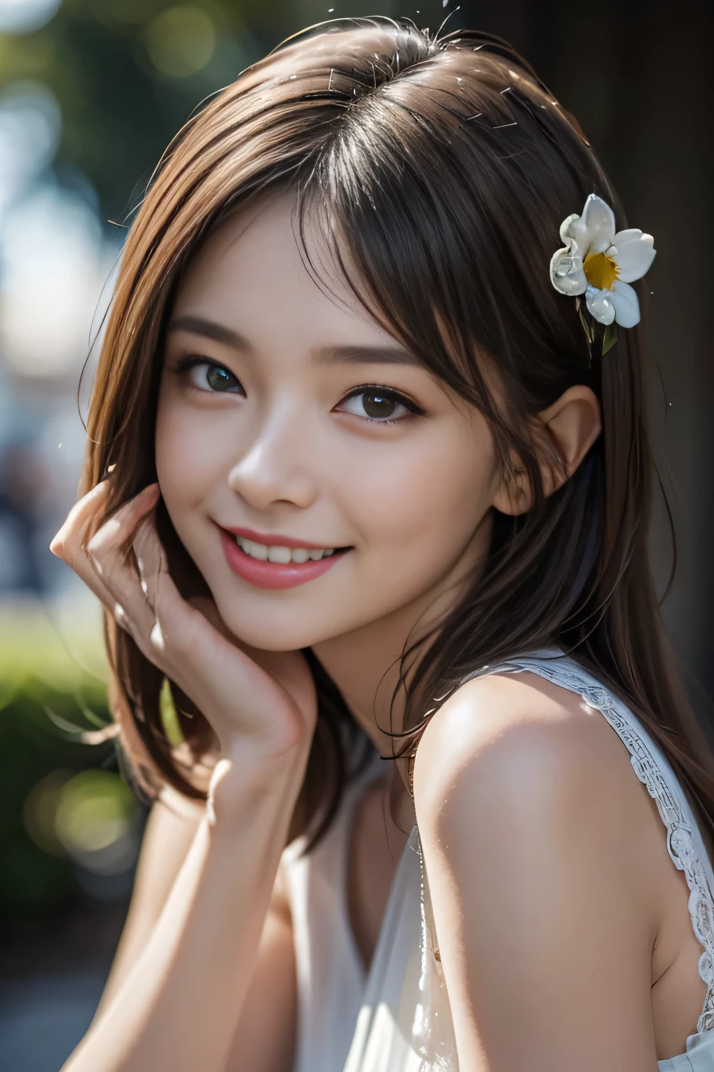 Highest quality、masterpiece、Ultra-high resolution、Actual、1 Girl、Shiny skin、((Surreal details))、Global Photo、8K、Very intricate detail、Shining Eyes、High Key、Pure erotic face ace_v1、Laughter、Elegant pose、White ultra-thin transparent lace、There are many flowers in the background