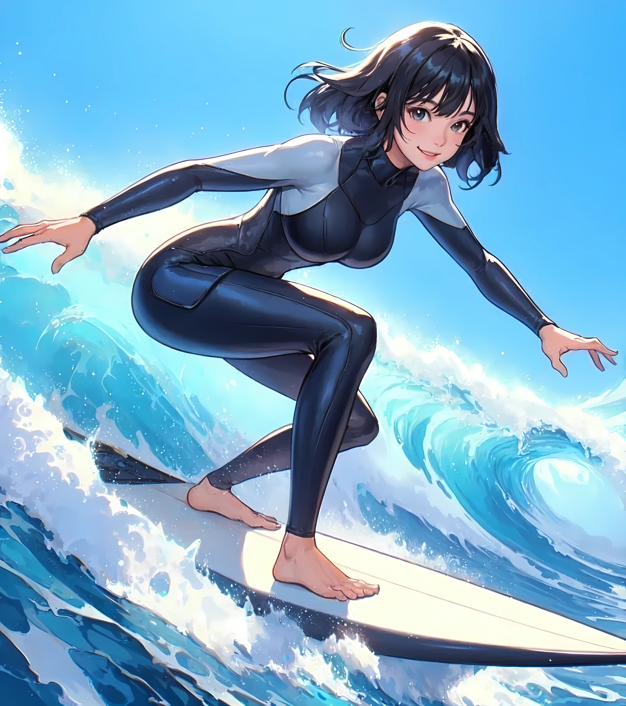 1lady solo, standing on surfboard, (squatting:0.8) balancing, (dynamic posing), (stylish wetsuit) surfer, (mature female:0.8), /(black hair/) bangs, light smile, (masterpiece best quality:1.2) delicate illustration ultra-detailed, large breasts BREAK (sea surface) outdoors, (big waves:1.1), splash, blue sky, detailed background