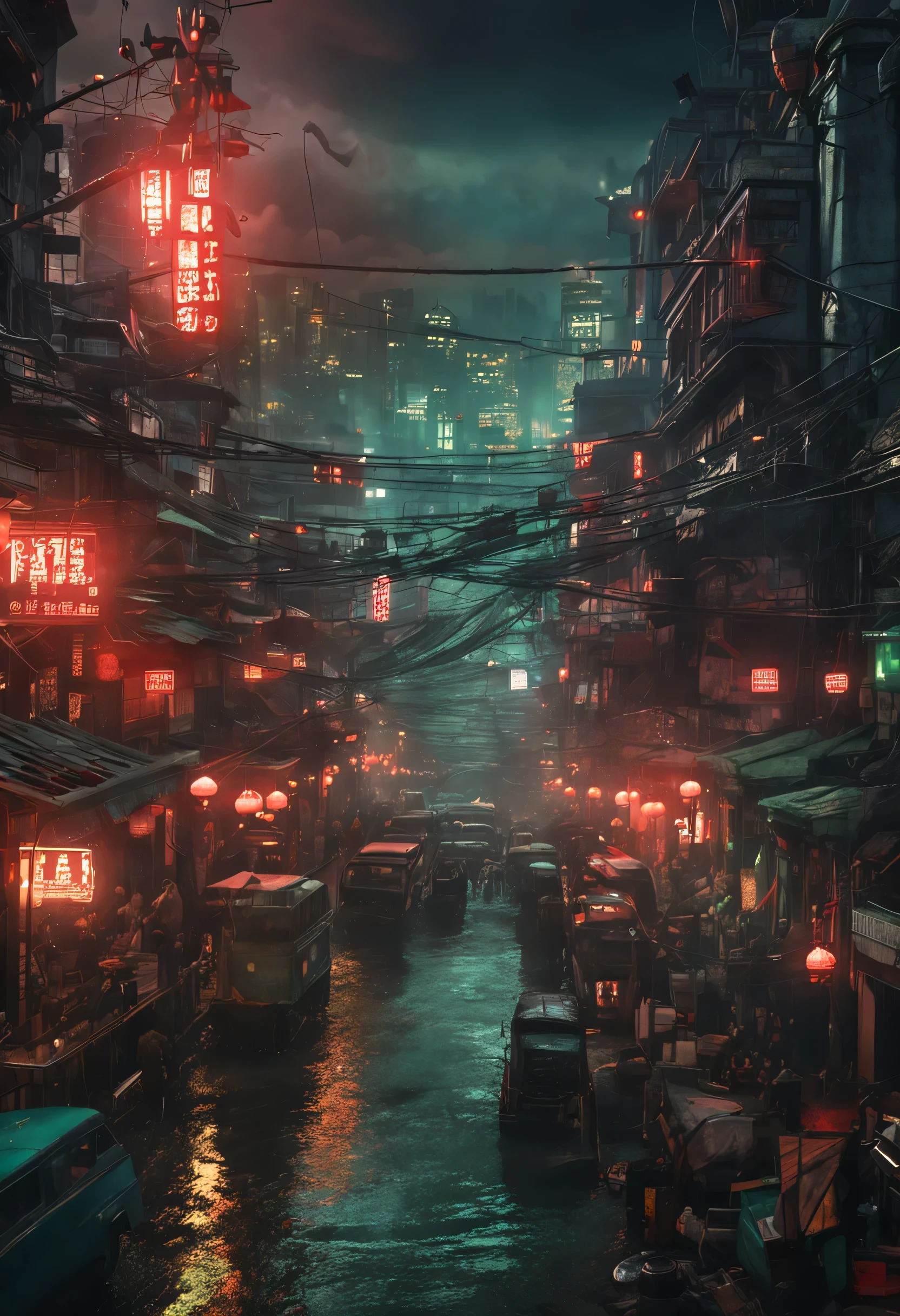 Cyberpunk city from sci-fi movie, night, shrouded in green smoke, bridge, old shop, Strange Tales from a Chinese Studio, red lanterns, ghosts roaming the streets, irregular, circuit boards, wires, intricate, super detailed, realistic, hyper Realistic, High Quality, Best, Super Detail, Crazy Detail, Very Detailed, Photorealistic, Epic Composition, Best Quality, 32k --v 6
