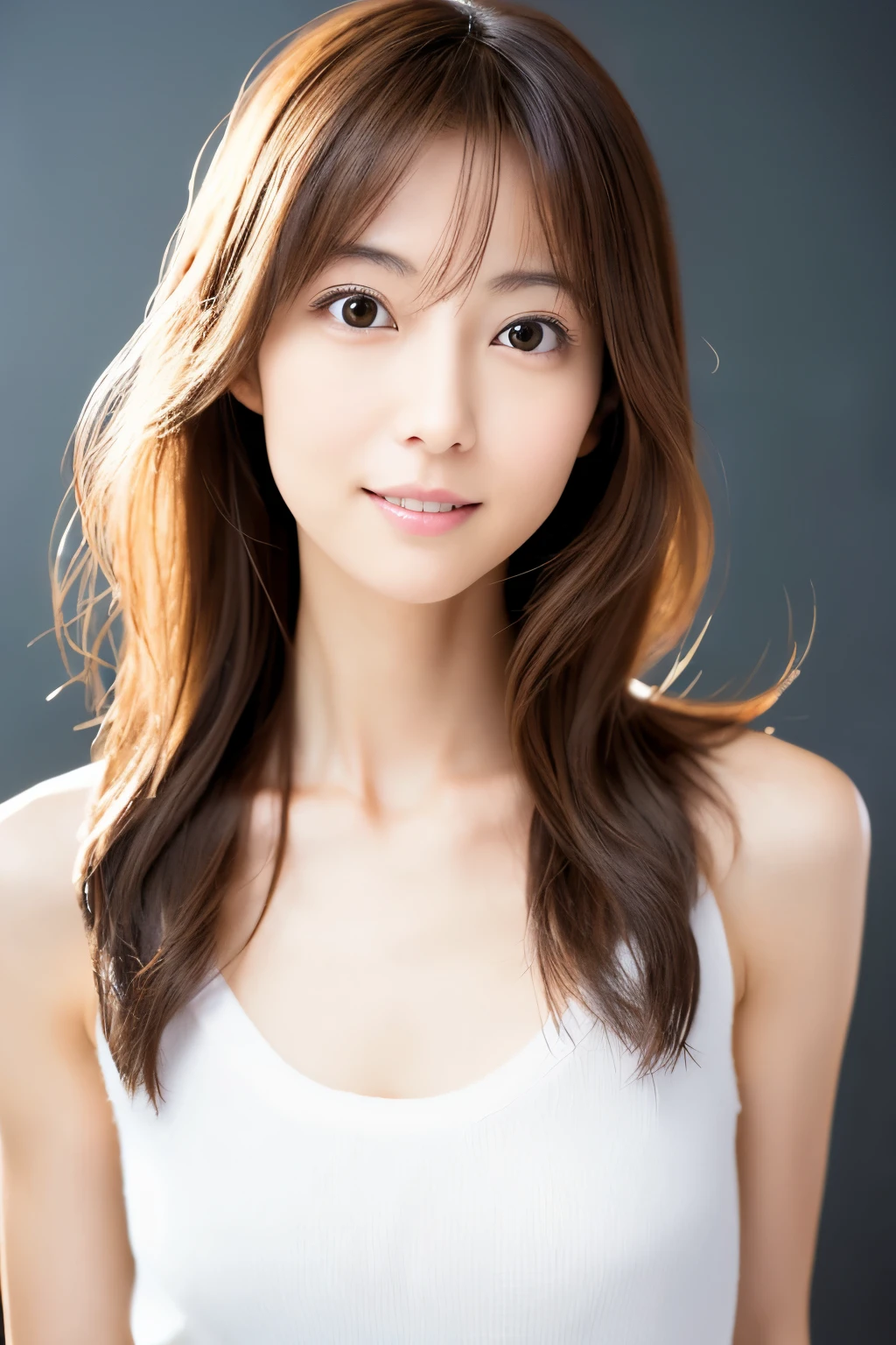 (High reality photograph, high resolusion), Skinny Japanese lady, 30 years old, cute face, detailed face, detailed eyes, various hair style, skinny figure, correct body anatomy, ((looking straight ahead)), facing the camera directly, single photo, a photo captured the best moment expressing the beauty and brains, ((with simple background))