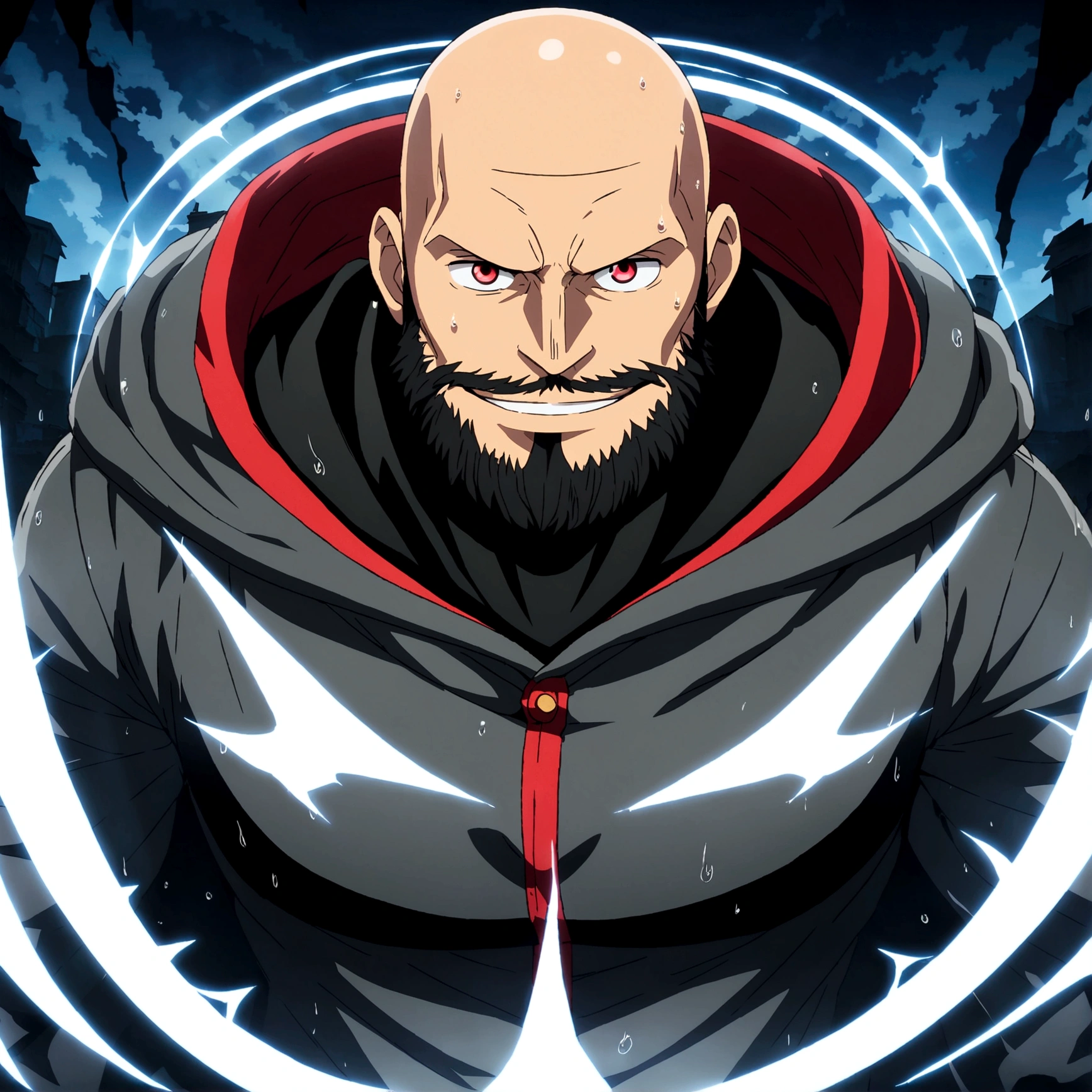 Man, big and robust, bald, big black beard, vibrant red eyes, cheerful and cool smile, black shirt, gray hooded coat, focus on the face, dark slum setting, "One Piece-inspired anime features, drenched in dramatic and incredible lighting, dramatic lighting, infused with creative details, ultra-fine 2D design, setting bathed in creativity, bathed in creativity, boasting HD anime resolution clarity, HD anime graphics, high-octane rendering"