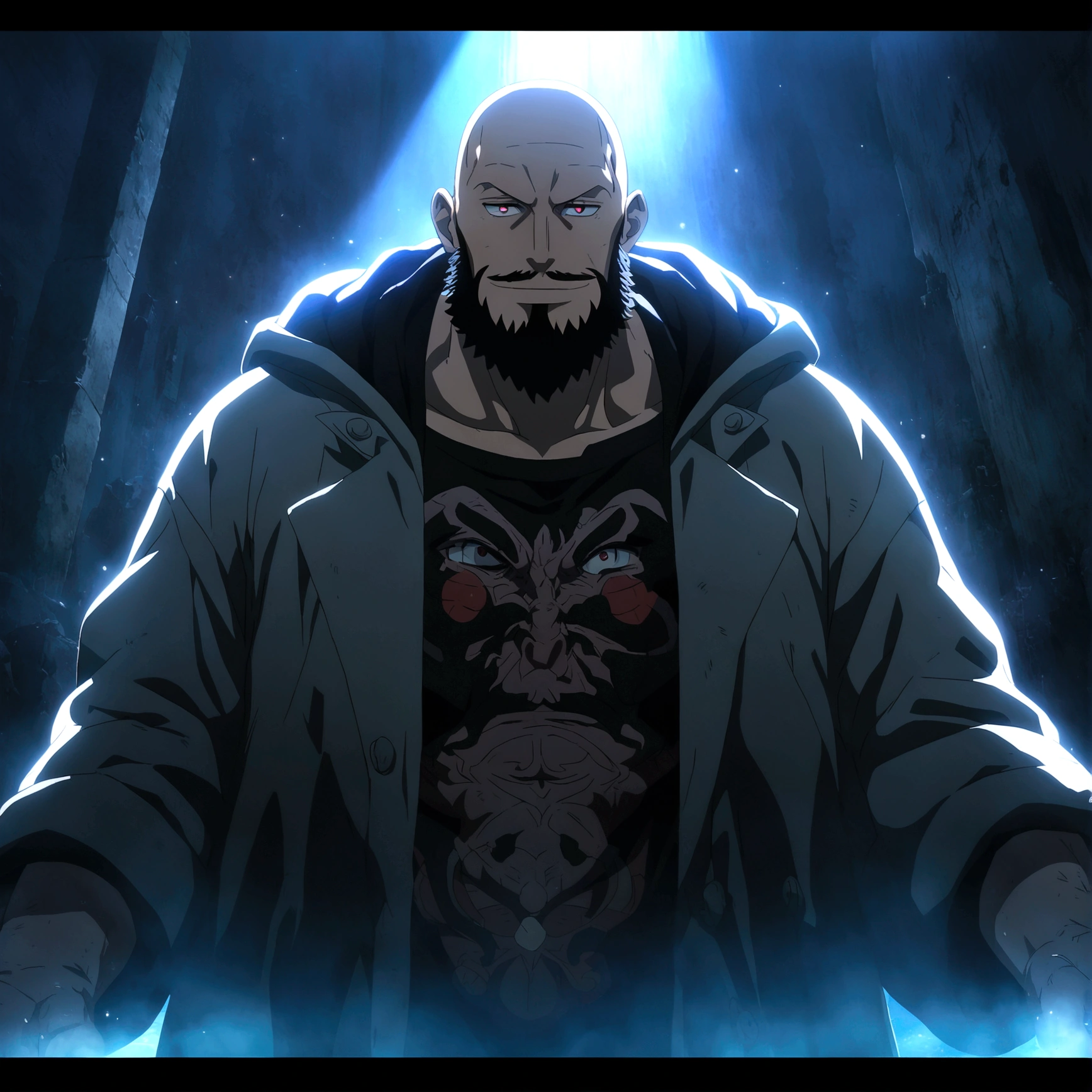 Man, big and robust, bald, big black beard, vibrant red eyes, cheerful and cool smile, black shirt, gray hooded coat, focus on the face, dark slum setting, "One Piece-inspired anime features, drenched in dramatic and incredible lighting, dramatic lighting, infused with creative details, ultra-fine 2D design, setting bathed in creativity, bathed in creativity, boasting HD anime resolution clarity, HD anime graphics, high-octane rendering"