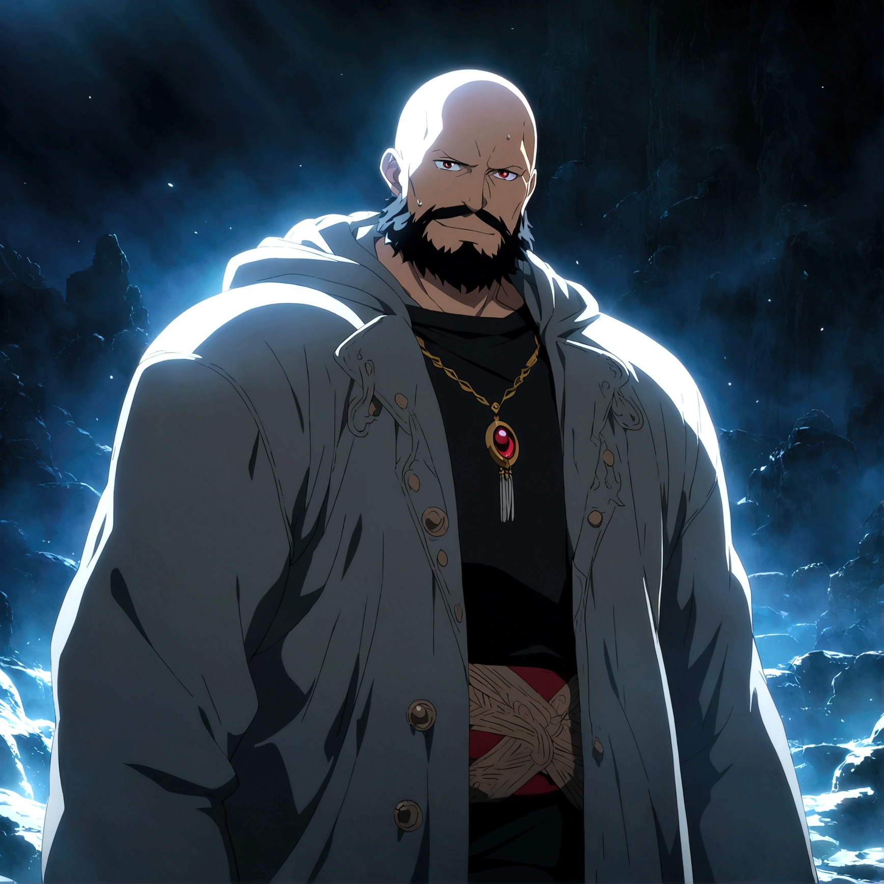 Man, big and robust, bald, big black beard, vibrant red eyes, cheerful and cool smile, black shirt, gray hooded coat, focus on the face, dark slum setting, "One Piece-inspired anime features, drenched in dramatic and incredible lighting, dramatic lighting, infused with creative details, ultra-fine 2D design, setting bathed in creativity, bathed in creativity, boasting HD anime resolution clarity, HD anime graphics, high-octane rendering"
