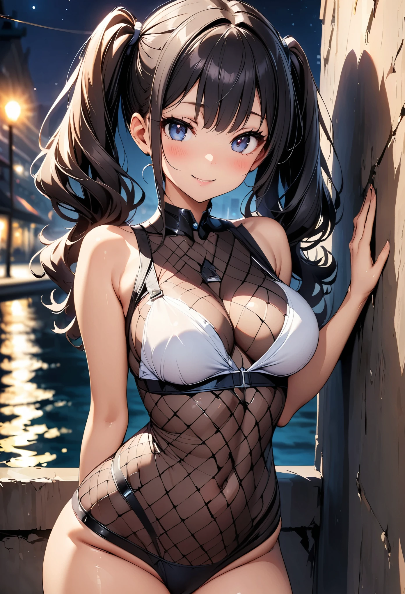 (Highest quality:1.24, Very detailed, Delicate and beautiful CG art, Detailed illustrations, High detail, masterpiece:1.2, Highest quality, Best aesthetics), (((1 Girl))), JK, ((Body net:1.2, Gloss)), blush, smile:1.2, (Black Hair, Twin tails in a high position, Cowboy Shot:1.1, Front view, Random Posing, Friendly atmosphere, Glossのある髪, Beautiful Skin, Detailed face and eyes, Glossのある唇, Curvy Women, Slender body, Beautiful breasts:1.4, night, Leaning against a wall, Light and shadow with attention to detail, Background Blur.