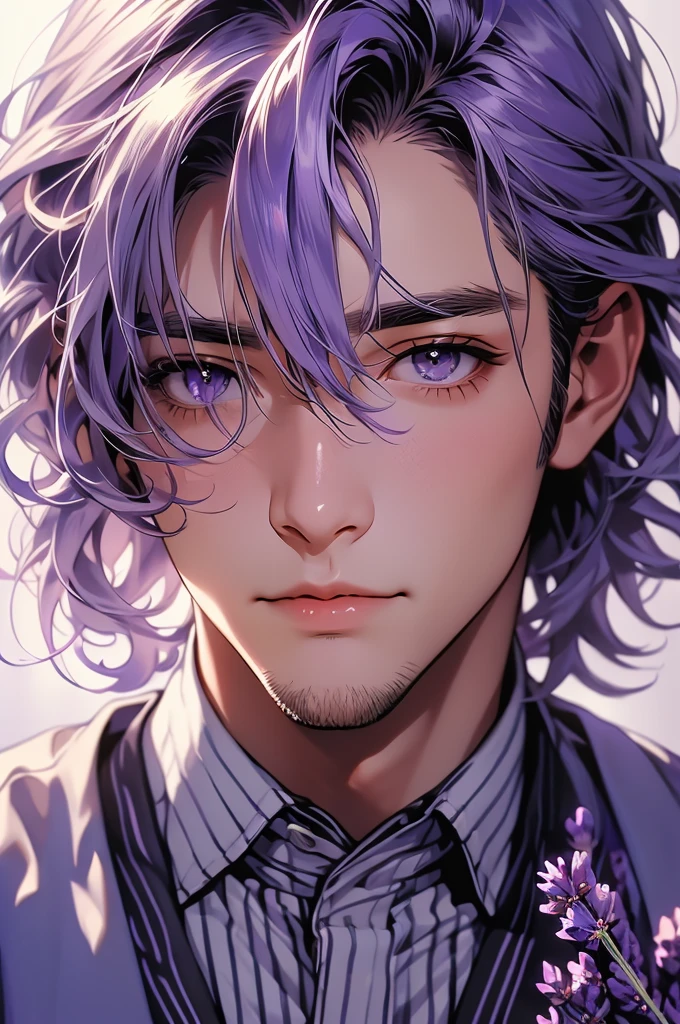 (Mastepiece), (Bestクォリティ), Very detailed, ((One Men:1.5)), Perfect Face, Beautiful Face, (Lavender-haired man:1.3)、shirt、Best