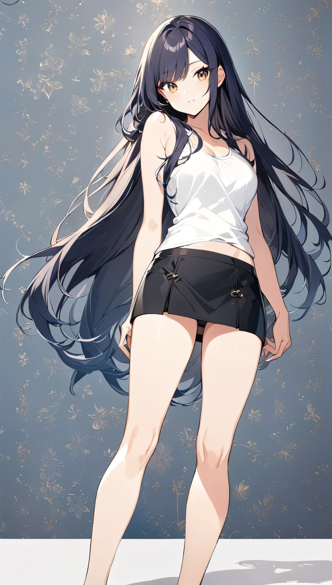 wallpaper, girl, White tank top, mini skirt, Black Skirt, long hair,
