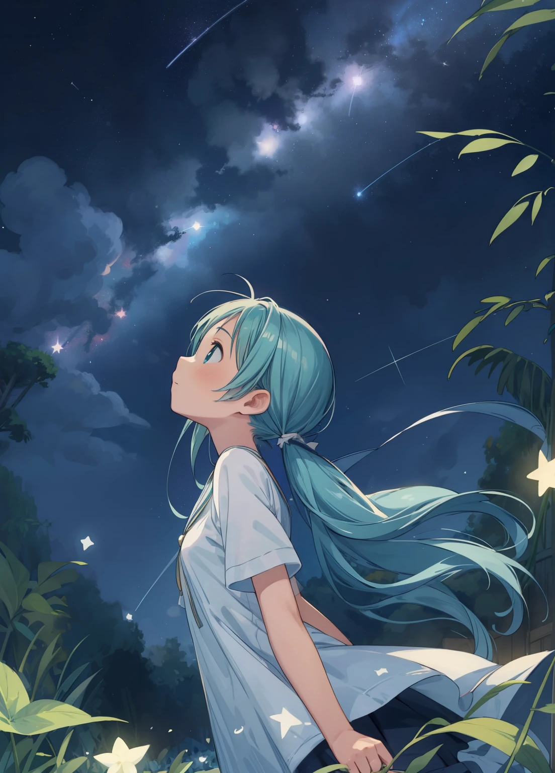 (masterpiece、Highest quality、Highest quality、Official Art、Beautiful and beautiful:1.2)、(One girl:1.3)Hatsune Miku、Twin tails,Beautiful breasts,Starry Sky、milky way、Tanabata、Orihime、Altair、Deneb、altair、Vega、Summer Great Triangle、Looking up at the night sky、grassland、shooting star、Bamboo leaf、Wish on a strip of paper、Night sky full of sky、Front angle