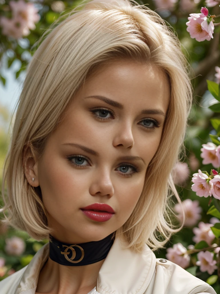 (A blonde girl,white hair,short bob hairstyle,wearing glasses,big breasts,red lipstick:1.1,black trench coat,choker,stockings),oil painting,portrait,detailed eyes and face,vivid colors,studio lighting,straight hair,focused expression,subtle smile,relaxed posture,faint pink blush,soft and smooth skin,sharp focus,professional,subtle shadows,long eyelashes,sitting in a garden surrounded by blooming flowers and greenery,faint sunlight filtering through the trees,serene and peaceful atmosphere,pastel color palette,dimly lit background to highlight the girl,masterpiece:1.2.
