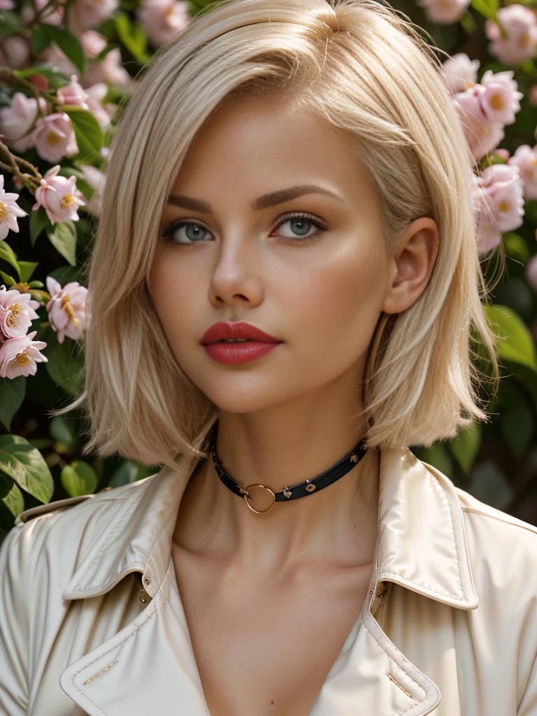 (A blonde girl,white hair,short bob hairstyle,wearing glasses,big breasts,red lipstick:1.1,black trench coat,choker,stockings),oil painting,portrait,detailed eyes and face,vivid colors,studio lighting,straight hair,focused expression,subtle smile,relaxed posture,faint pink blush,soft and smooth skin,sharp focus,professional,subtle shadows,long eyelashes,sitting in a garden surrounded by blooming flowers and greenery,faint sunlight filtering through the trees,serene and peaceful atmosphere,pastel color palette,dimly lit background to highlight the girl,masterpiece:1.2.