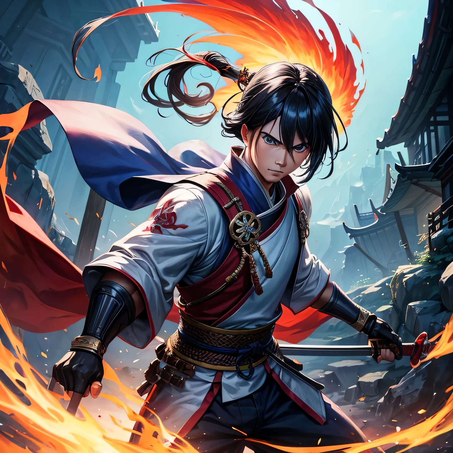 view from the front of a chinese man with a rice hat covering half his face. yang holding two swords berapi di ruangan gelap, is jumping, blue eyes, wallpaper hd, wallpaper hd, characters from mortal kombat, Wallpaper 4k, Wallpaper 4k, fighting game characters, anime badass 8k, sword Warrior, samurai warrior epik, samurai warrior, hd artwork, epic video game art, holding two swords, Wallpaper 4k, wallpaper 4, combine a Phoenix bird, with deep blue eyes,