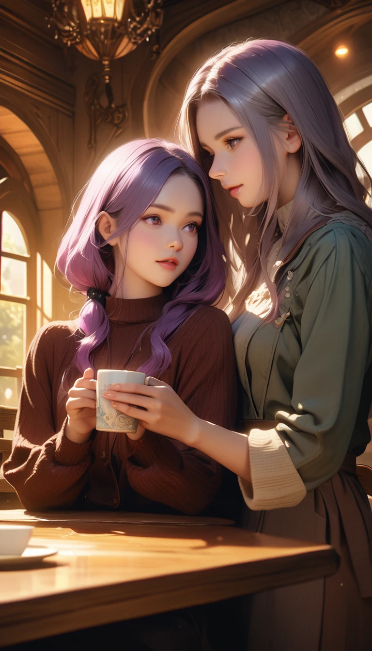 Charming Art Nouveau Cafe in America, Beautifully decorated interior, Drinking coffee２People Girls, Inji, (Purple Hair, Purple eyes, Long Hair, Gray Hair, Double Knit, Gradient Hair,Warm lighting, elegant furnishings, Detailed architecture, Realistic, 8K, Highest quality, Intricate details, Dramatic lighting, Warm tones, Atmospheric, Cinematic