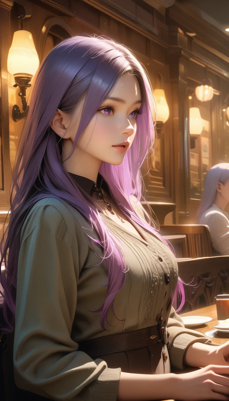 Charming Art Nouveau Cafe in America, Beautifully decorated interior, Drinking coffee２People Girls, Inji, (Purple Hair, Purple eyes, Long Hair, Gray Hair, Double Knit, Gradient Hair,Warm lighting, elegant furnishings, Detailed architecture, Realistic, 8K, Highest quality, Intricate details, Dramatic lighting, Warm tones, Atmospheric, Cinematic