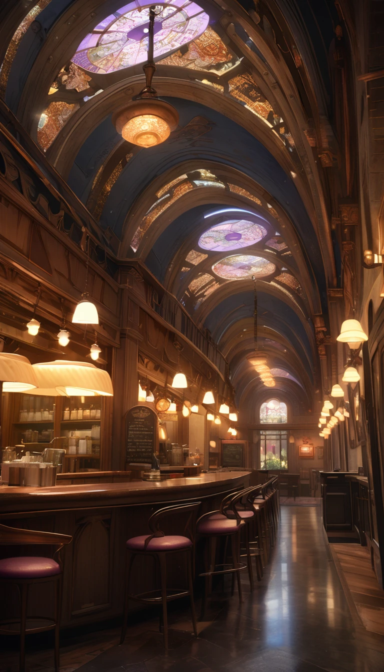 Charming Art Nouveau Cafe in America, Beautifully decorated interior, Drinking coffee2People Girls, Inji, (Purple Hair, Purple eyes, Long Hair, Gray Hair, Double Knit, Gradient Hair,Warm lighting, elegant furnishings, Detailed architecture, Realistic, 8K, Highest quality, Intricate details, Dramatic lighting, Warm tones, Atmospheric, Cinematic