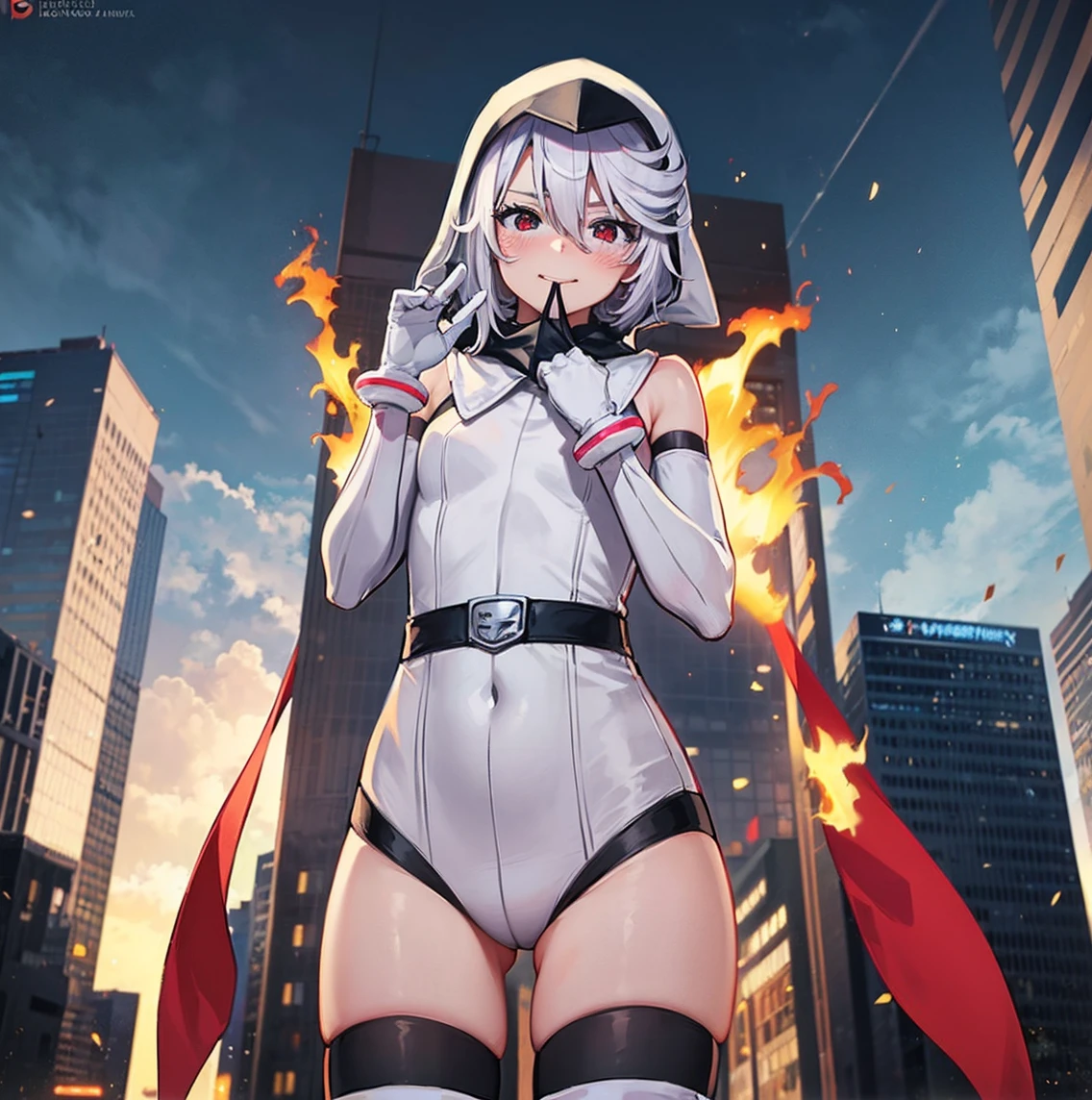 ((1 girl)), ((alone)), momijiyama teru, ((Extremely detailed CG unity 4k wallpaper)), (Masterpiece), (ultra quality), (Ultra detailed), (best illustration), ( best shadow), (extremely detailed), looking at viewer, (absurdities), (detailed background), curvy body, dynamic pose, cowboy photo, small breasts, medium waist, wide hips, wide thighs, round butt,(( shy, gloves, elbow-length gloves, thigh highs, white gloves, leotard, short hair, white hair, boots, red eyes, white leotard, bare shoulders, hair between the eyes, high heels, (mask:1.4), belt, scarf , hood, nervous, scared, fire wrapped in fists, storm background, white face mask,(clenched hands:1), angry )), seductive, Standing, cowboy photo, backlight, ((solo)), ((Standing:1.4, exterior, rooftop, building, cityscape, night, moon, city lights, (sexy nervous smile, mouth closed, greeting pose: 1.4), looking forward, ((focus on thighs), pov: (from below), perfect anatomy, perfect hands,