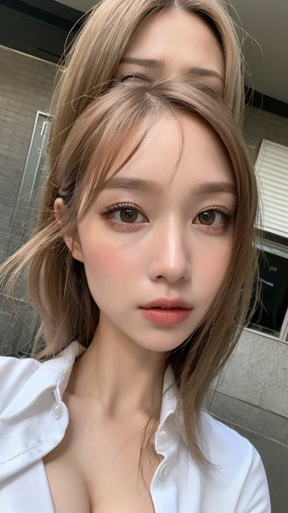 ((Highest quality, 8K, masterpiece:1.3)), sharp:1.2, Beautiful woman with perfect figure:1.4, Slim Abs:1.2, ((Layered Hairstyles, Huge boobs:1.3,Cleavage:1.2)), (A long shirt with wet white buttons showing through：1.1），（rain，Street：1.2），get wet：1.5，Highly detailed face and skin texture，Detailed eyes，double eyelid，Glancing sideways at the camera　