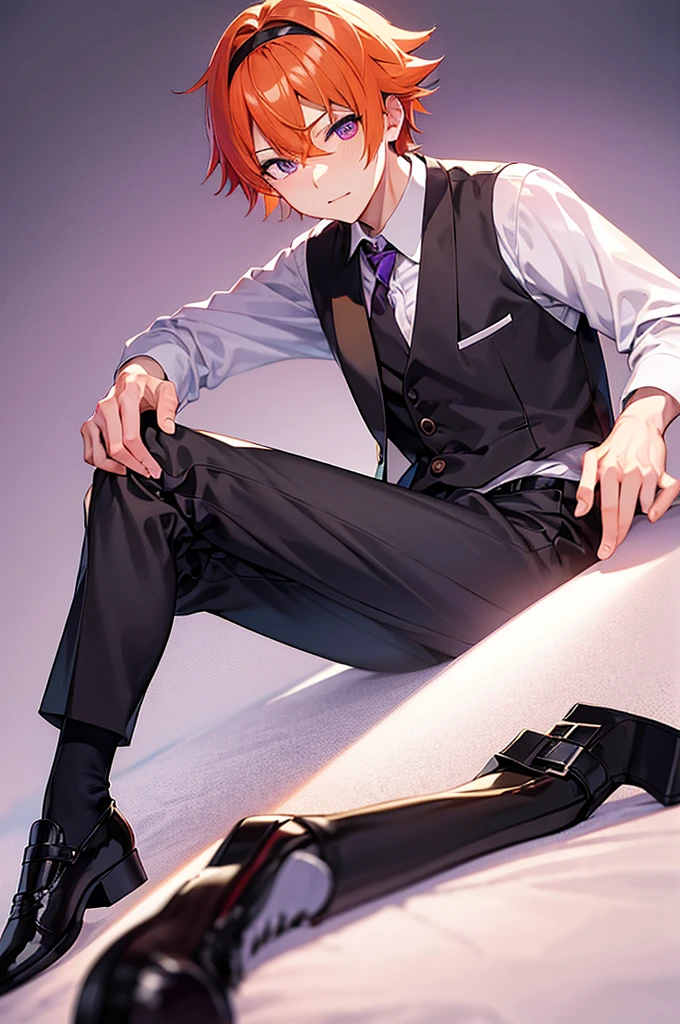 White background、Japan anime illustrations、成人male、アニメのmale、Orange Hair、all back、Black headband、Monocle、Purple Eyes、White shirt、Black vest、Black slacks、Brown leather shoeale、日本のmale、勝気な表情で笑っているmale、おでこがでているmale、Rolling up his sleeves