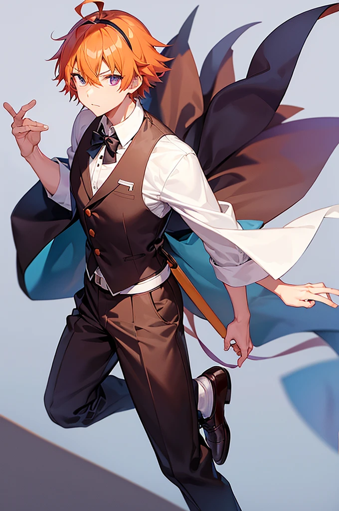 White background、Japan anime illustrations、成人male、アニメのmale、Orange Hair、all back、Black headband、Monocle、Purple Eyes、White shirt、Black vest、Black slacks、Brown leather shoeale、日本のmale、勝気な表情で笑っているmale、おでこがでているmale、Rolling up his sleeves